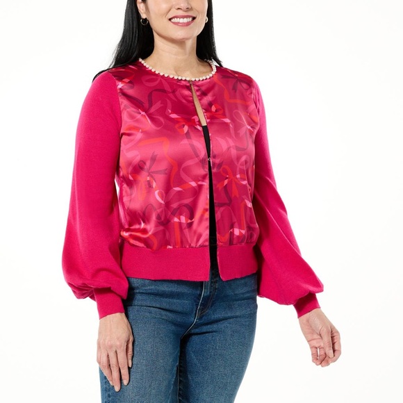 C Wonder by Christian Siriano Pearl Trim Mixed Media Cardigan Sweater - Picture 1 of 7